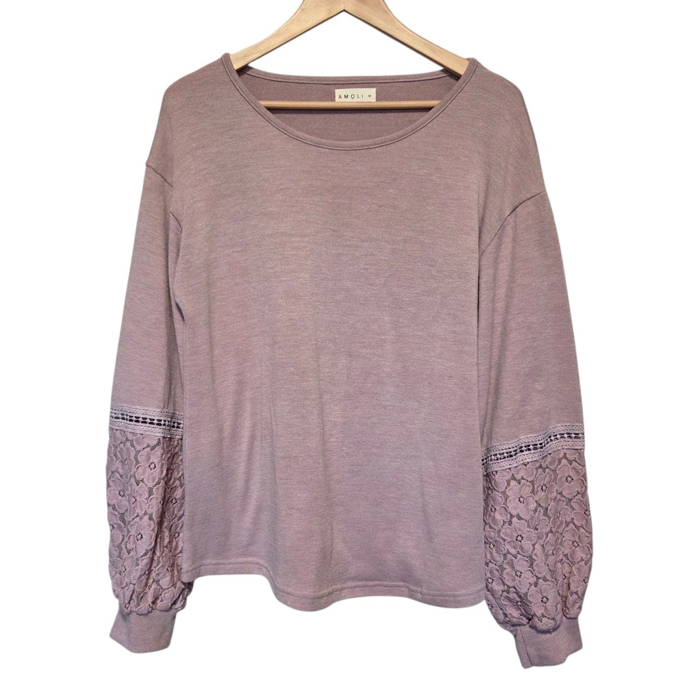 AMOLI Sweater Womens M Mauve Floral Lace Sleeve‎ Romantic Soft Girl Boho Slouchy